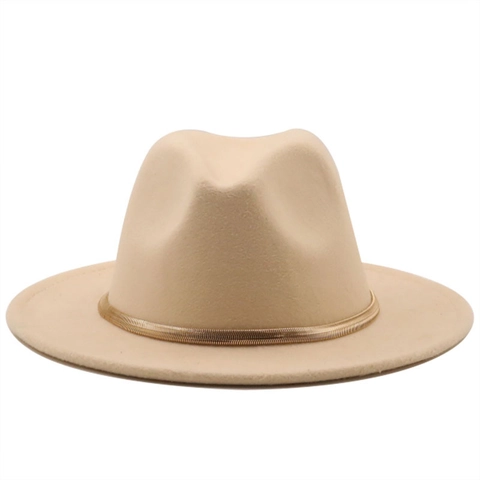 Fedora Hat Wide Brim Retro British Style With Gold Metal Chain Band Elegant Felt Jazz Hat For Women