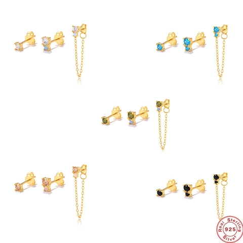 Asymmetric Chain Tassel Stud Earrings 925 Sterling Silver Earring Post Gold Plated Cubic Zirconia Elegant Jewelry For Women
