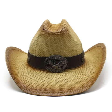 Western Cowboy Straw Hat Wide Brim Sun Protection For Beach Vacation Summer With Eagle Buckle Star Rivets Men Women