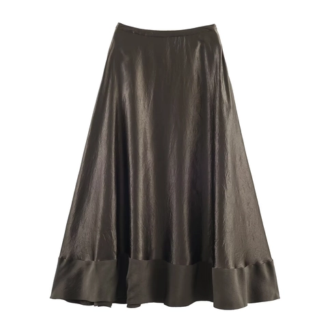 Women Satin Midi Skirt Crinkled Metallic Luster A-Line Elegant Streetwear Solid Color High Waist