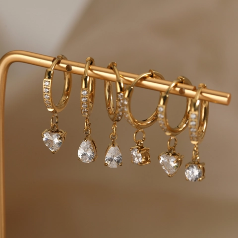 Stainless Steel Rhinestone Huggie Hoop Earrings Exquisite Heart Waterdrop Square Pendant Fashion Jewelry For Women PVD Plated