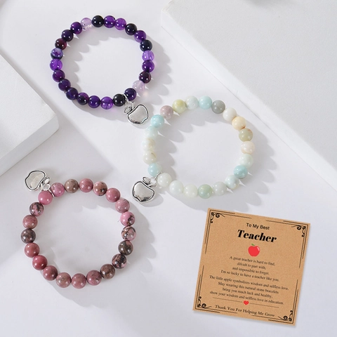 Natuursteen Kralen Armband En Cadeaukaart Met Legering Appel Hanger Afstuderen Leraar Waardering Sieraden Elastisch