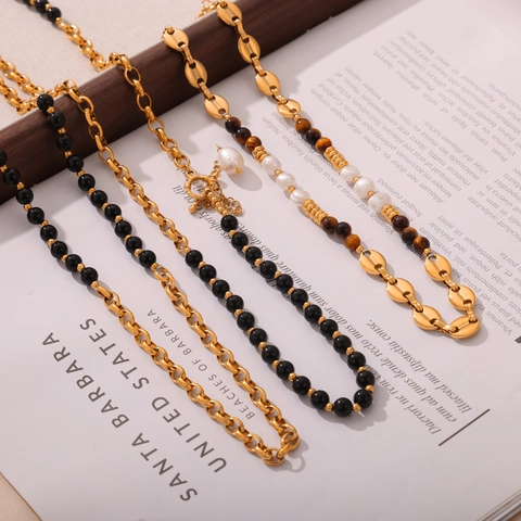 Vintage Palace Style Stainless Steel Gold Plated Necklace With Freshwater Pearl And Natural Tiger Eye Stone Handmade Beaded Chain Jewelry For Women