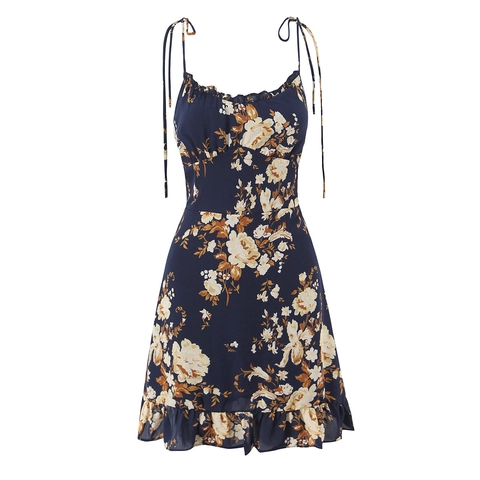 Robe Courte Imprimé Fleuri Bretelles Spaghetti Nœud Épaule Ourlet À Volants Dos Froncé Sans Manches Coupe Ajustée Polyester