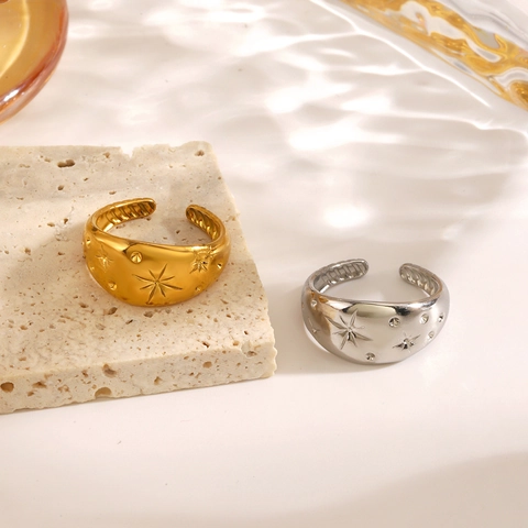Star Ring Stainless Steel Wide Band Open Adjustable Retro Vintage Aesthetic Fashion For Women Gold Silver Color