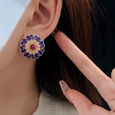 Pendientes De Botón De Flor Vintage Con Esmalte Azul Gema Rosa Perla Artificial De Imitación Y Poste De Plata De Ley 925