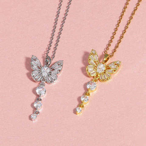 Collar Con Colgante De Mariposa Latón Circón Elegante Borla Cadena O Chapado En Oro Joyería Para Mujeres Moda