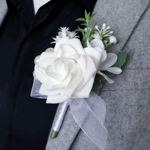 Weiße Künstliche Rose Ansteckblume Satinnblume Brosche Mit Künstliche Perlen Organza Band Für Hochzeit Bräutigam Trauzeugen Bankett