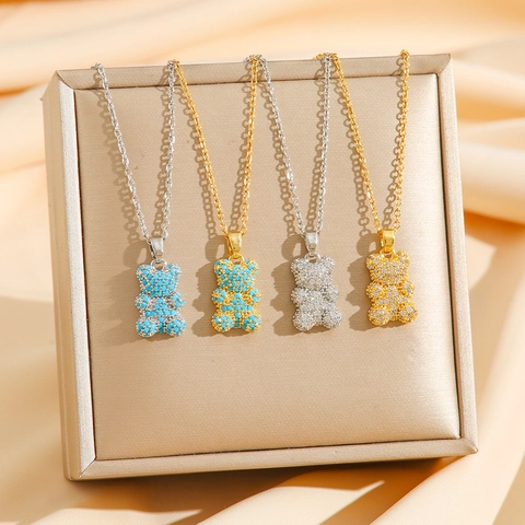 Bear Pendant Necklace Titanium Steel Inlaid Zircon Colorful Turquoise Trendy Animal Clavicle Chain For Women