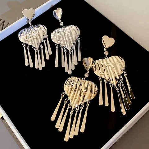 Pendientes Corazón Aleación Con Poste Plata 925 Martillado Borlas Largas Diamante De Imitación Moda Para Mujeres
