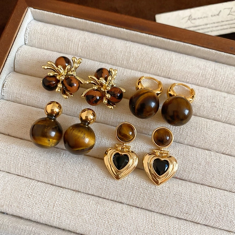 Vintage Tijgeroog Oorbellen Frans Retro Verguld Hart Bloem Studs Met 925 Sterling Zilveren Oorsteker