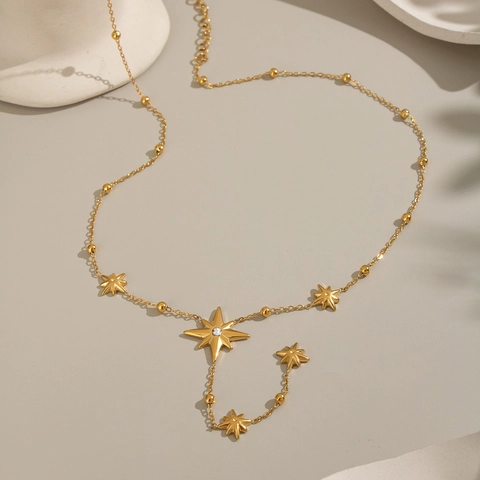 Stainless Steel Star Tassel Earrings And Necklace Jewelry 18K Gold Plated Cubic Zirconia Waterproof Hypoallergenic Women