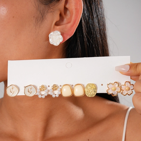 Flower Artificial Pearl Earring Studs With Silver Earring Post Alloy Resin Geometric Rose Tulip Vintage Elegant Style For Women