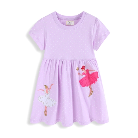 Vestido De Algodón De Manga Corta Para Niñas Con Aplicación De Bailarina De Ballet Estampado De Lunares Cuello Redondo Estilo Princesa