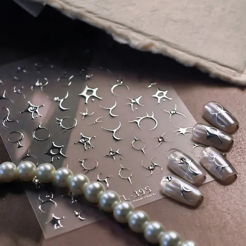 Nail Art Stickers Silver Metallic Chrome Y2K Cyberpunk Tribal Stars Lines Self Adhesive Decals For DIY Manicure Decoration