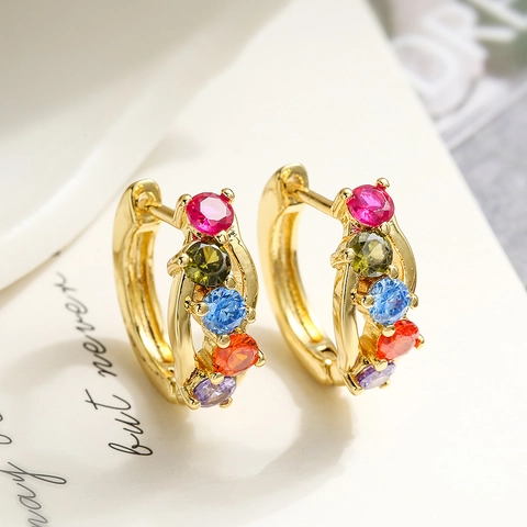 Retro Minimalistische Creolen Kupfer 18K Vergoldet Bunte Zirkon Eingelegt Geometrische C-Form Mode Schmuck Frauen