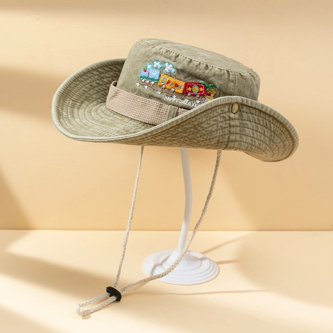 Kinder Fischerhut Zug Stickerei Gewaschener Denim Sonnenschutz Outdoor Breite Krempe Mit Verstellbarem Winddichtem Seil