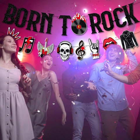 Decorazione Festa Tema Musica Rock And Roll Banner Born To Rock Spirali Appese Carta Design Chitarra Teschio