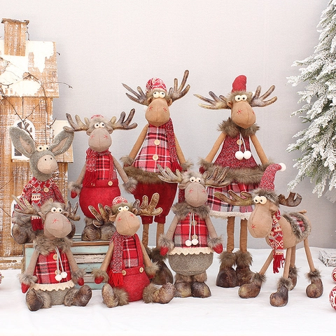 Bambola Di Peluche Renna Di Natale Ornamento Alce Gambe Retrattili Tessuto Maglia Quadri Rossi Decorazione Invernale