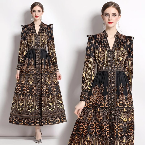 Vintage Barock Paisley Print Chiffon Maxi Kleid V Ausschnitt Knöpfe Lange Laternenärmel Boho Retro Hof Stil Damen