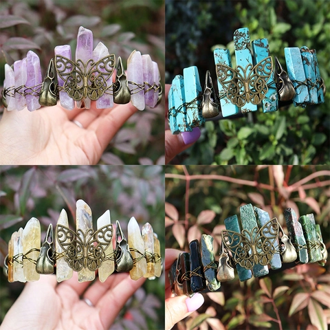 Natural Crystal Crown Headband Handmade Vintage Bronze Butterfly Raven Skull Gothic Witchy Hair Accessories Halloween
