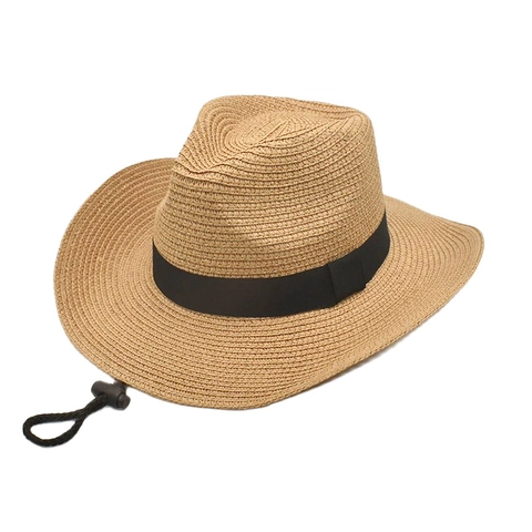 Cappello Di Paglia Da Cowboy Occidentale Tesa Larga Protezione Solare Estate Spiaggia Traspirante Jazz Fedora Con Corda Antivento