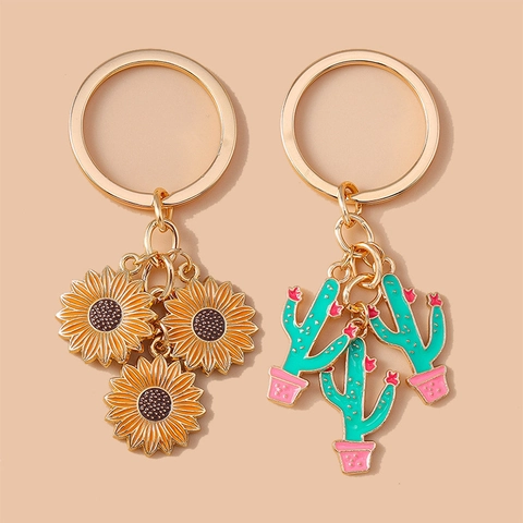 Sunflower Cactus Enamel Metal Keychain With Multiple Pendants Golden Ring Cute Pastoral Style Gift For Women Girls