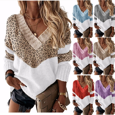 Women's Casual V-Neck Color Block Leopard Striped Knit Pullover Sweater Long Sleeve Loose Autumn Winter Acrylic Top Knitwear