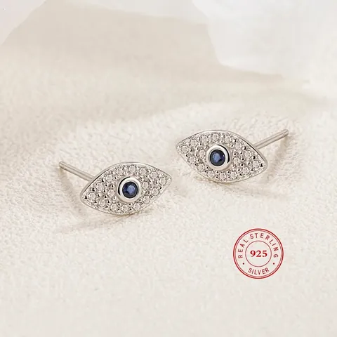 Retro Turkish Evil Eye Stud Earrings With 925 Sterling Silver Earring Post Blue Cubic Zirconia Jewelry For Women