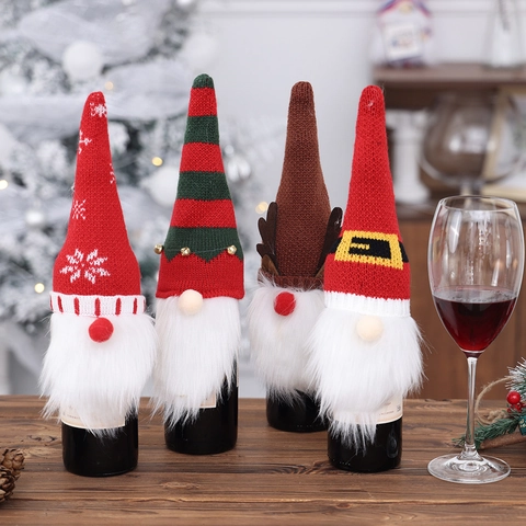 Funda Para Botella De Vino De Navidad Gnomo De Punto Viejo Sin Rostro Decoración De Mesa Festiva Reno Copo De Nieve
