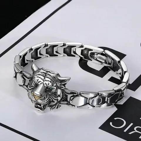 Bracelet Tête De Tigre En Avec Yeux Verts Bijoux Punk Rock Vintage Pour Hommes Unisex