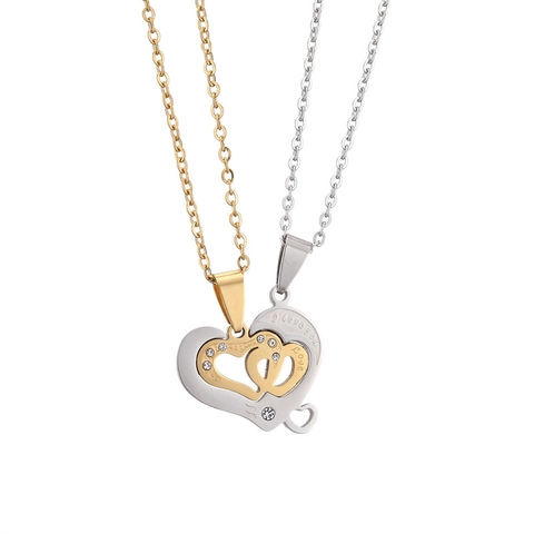 Stainless Steel Couple Necklace Heart Puzzle Musical Note Pendant With Rhinestones Engraved I Love You For Lovers