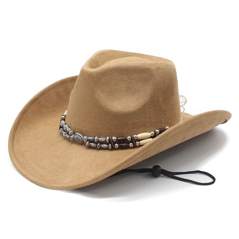 Vintage Westerse Cowboyhoed Brede Rand Suède Polyester Met Kralenband Verstelbaar Winddicht Touw Punk Stijl