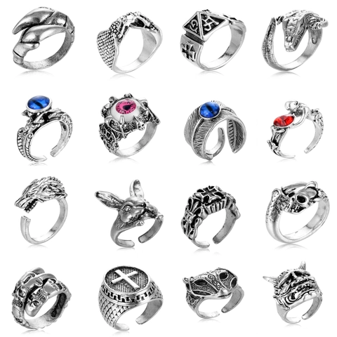 Anello Aperto Regolabile Lega Vintage Gothic Punk Hip Hop Teschio Animale Croce Gioielli Uomo Donna Retro Argento Vecchio
