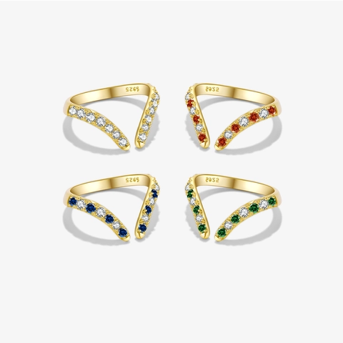 925 Sterling Silver V Shape Adjustable Open Ring For Women Luxury Inlaid Rhinestone Geometric Finger Band Jewelry Gift