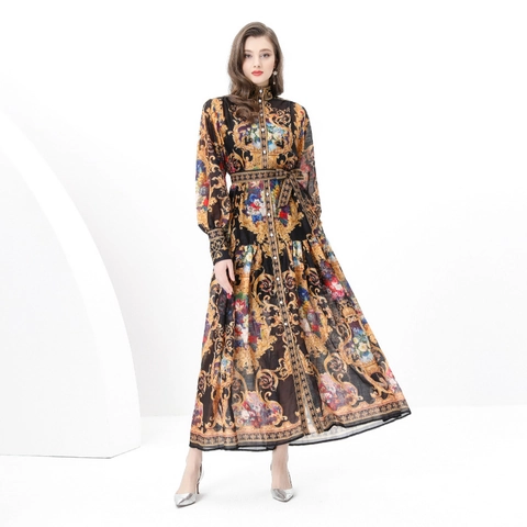 Barok Print Maxi Jurk Lange Mouwen Opstaande Kraag Lantaarnmouwen Elegant Retro Paleis Stijl Polyester Vrouwen
