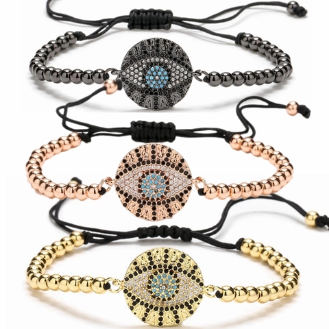 Evil Eye Armband Kupfer Perlen Micro Pave Zirkonia Verstellbar Geflochtenes Seil Bohemian Schmuck Damen Herren