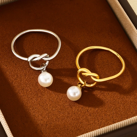 Anello Minimalista Con Nodo Per Donna In Acciaio Inossidabile Con Perla Artificial Di Conchiglia Pendente Gioiello