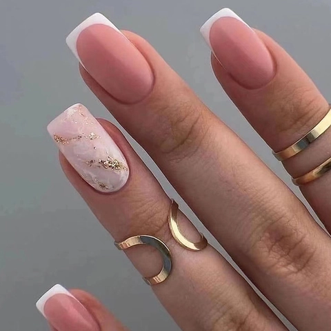 Press On Nails French Tip Marble Pattern With Gold Foil Square Shape Simple Elegant Artificial Finger Nail Art For Women W386