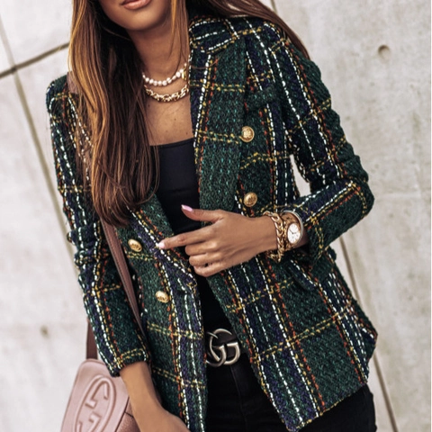 Women Plaid Tweed Blazer Jacket Double Breasted Gold Buttons Long Sleeve Slim Fit Vintage Outerwear