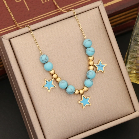 Stainless Steel Enamel Necklace Gold Plated With Turquoise Beads Heart Butterfly Star Evil Eye Pendants For Women