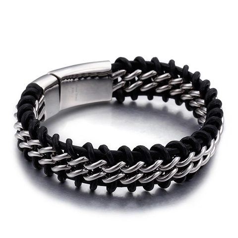 Herren Geflochtenes Lederarmband Edelstahl Zweireihige Kette Hip Hop Mode Schmuck Für Geschenk