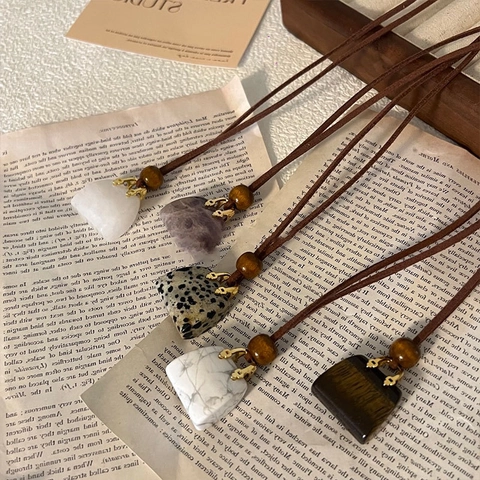Collier Pendentif Mini Sac À Main Vintage Alliage Simili Cuir Pierre Perle En Bois Longue Chaîne De Pull Mode Femmes