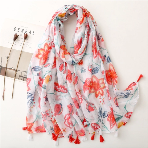 Women Floral Pomegranate Print Scarf Shawl Bali Yarn Polyester Lightweight Breathable Tassel Edge Elegant Summer Sunscreen