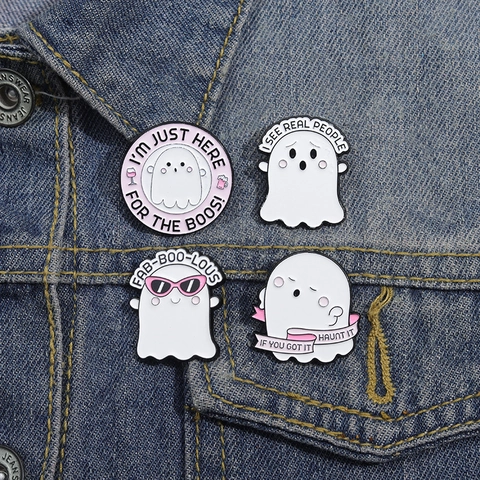Cute Halloween Ghost Enamel Brooch Sunglasses Ghost Badge Funny Letter Pin Alloy Lapel Pin For Women Jewelry Gift