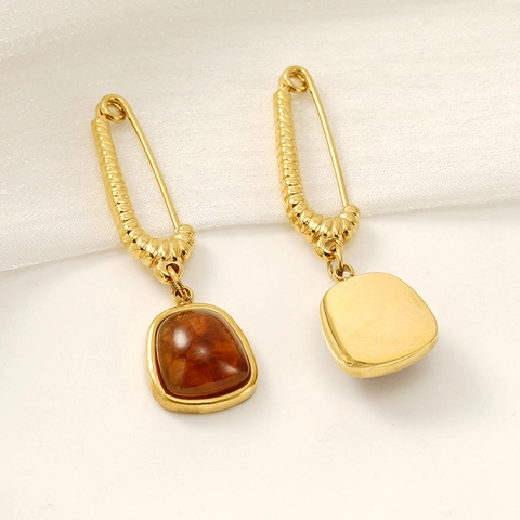 Vintage Geometric Dangle Earrings With 18K Gold Plated 304 Stainless Steel And Amber Color Natural Stone Square Safety Pin Style
