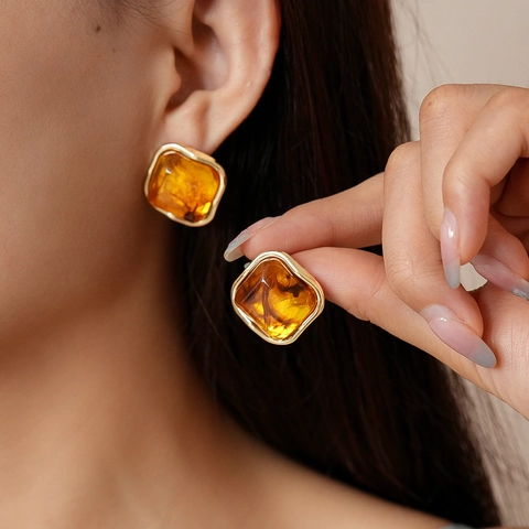 Retro Geometric Square Resin Earrings With 925 Sterling Silver Earring Post Irregular Alloy Border Vintage Style Women