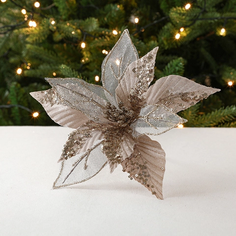 Artificial Christmas Poinsettia Flowers Sequin Mesh Glitter Xmas Tree Ornaments Holiday Party Decoration
