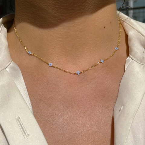 Collana E Cavigliera in Rame Con Zirconia E Fiori Blu Per Donna Ciondolo a Petalo Placcato Oro Argento Gioielli di Moda