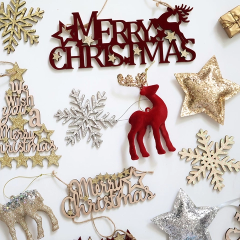 Adornos Colgantes Árbol Navidad Madera Flocado Cuero Purpurina Copo Nieve Estrella Reno Letrero Letra Decoración